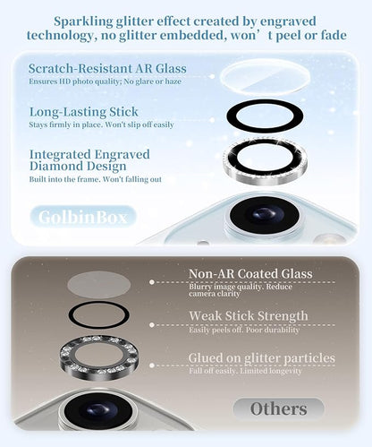 GolbinBox Camera Lens Protector for iPhone 15/15 Plus, 1:1 Invisible Fit, 9H Tempered Glass Ultra HD Metal Individual Camera Cover for Women, Case Friendly, Bling/Silver