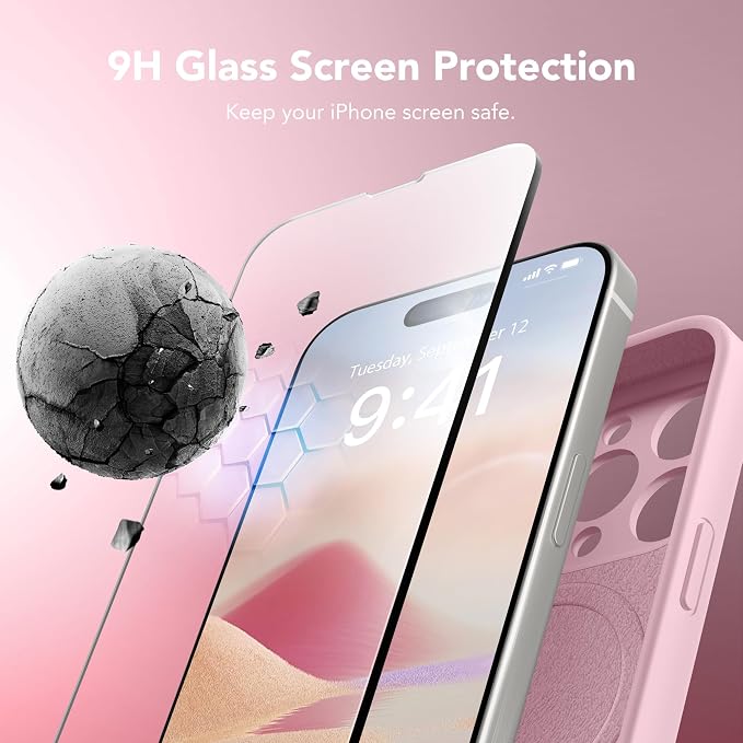 Magnetic for iPhone 15 Pro Max Case, Compatible with MagSafe, [Full Camera Protection][Screen Protector] Silicone Shockproof Protective Phone Case for iPhone 15 Pro Max 6.7", Chalk Pink
