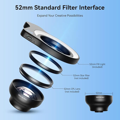 Upgraded Professional Macro Lens for Smartphone with Ring Light, HB100U Macro Photography Lens, Aluminum Phone Camera Lens Kit with Universal Clip. Phone Lens Attachment Fit for iPhone/Android Phone