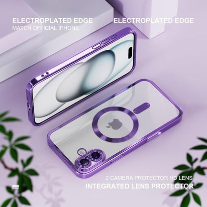 Misea Magnetic for iPhone 16 Case Compatible with MagSafe [Never Yellowing] [Military Grade Drop Protection] Full Camera Lens Protector Plating Soft Clear Phone Case for Women 6.1 inch, Deep Purple