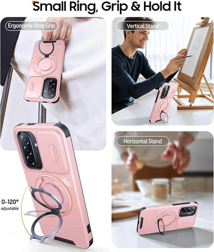JAME for Samsung Galaxy A37/A36/A56 5G Case, Ring Holder Stand Kickstand, Slide Camera Cover, 2 Screen Protectors, Dual-Layer Shockproof Protective, Magnetic Accessory Friendly Phone Case, Pink