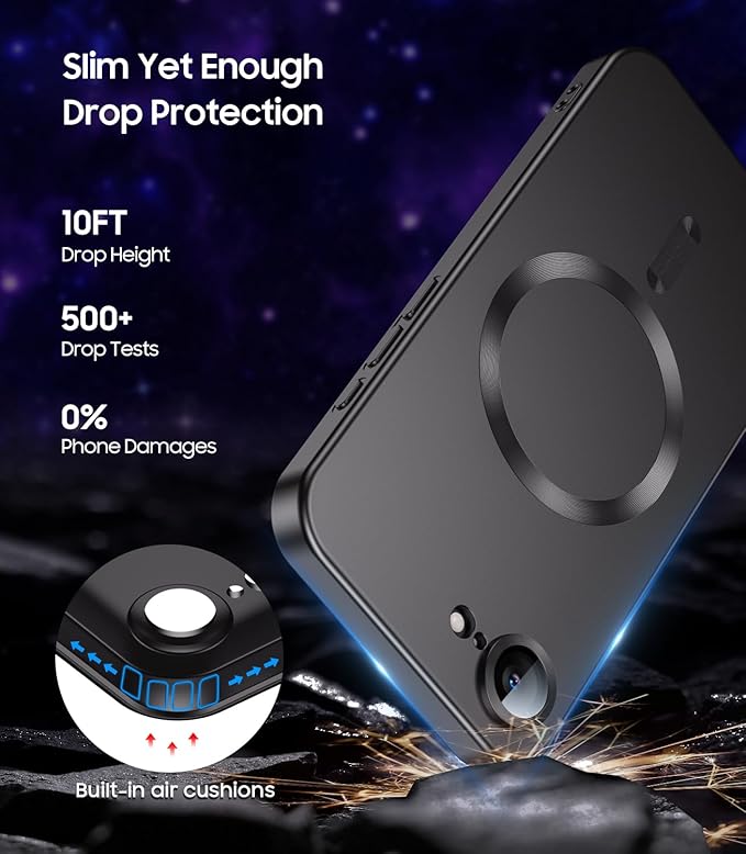 Magnetic for iPhone 17e Case/iPhone 16e Case [Compatible with MagSafe][Built-in Camera Lens Protector] Slim Soft Silicone Bumper Shockproof Metallic Luster 17e Phone Case (Black)