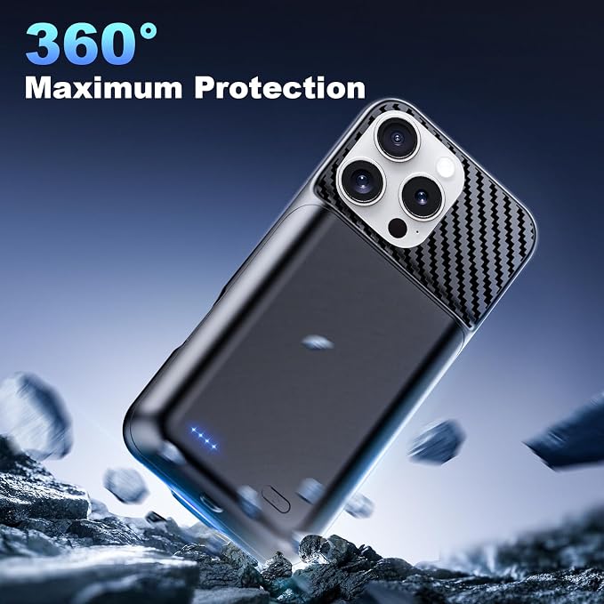 Battery Case for iPhone 15 Pro Max (6.7 inch), 2026 Upgraded High Capacity 13800mAh Battery Pack Rechargeable Charger External Charging Case with Tempered Glass Screen Protector Black