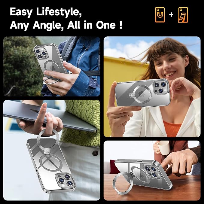 [Tri-Shield Protection] for iPhone 15 Pro Case with 360° Spin Stand Compatible with MagSafe [Magnetic CD Ring][Screen & Camera Lens Protector] Shockproof Plating Never-Yellowing, Natural Titanium-6.1"