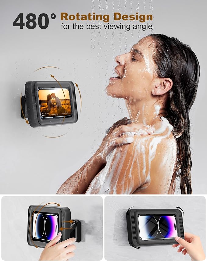 Upgraded Shower Phone Mount Waterproof with Speaker Hole Touch Screen Shower Phone Stand Holder for Bathroom Bathtub Kitchen Wall Mirror for iPhone 1716 15 14 13 12 11 Pro XS XR Max (Black)