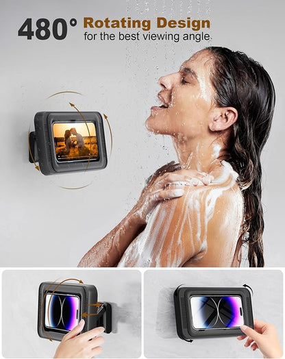 Upgraded Shower Phone Mount Waterproof with Speaker Hole Touch Screen Shower Phone Stand Holder for Bathroom Bathtub Kitchen Wall Mirror for iPhone 1716 15 14 13 12 11 Pro XS XR Max (Black)