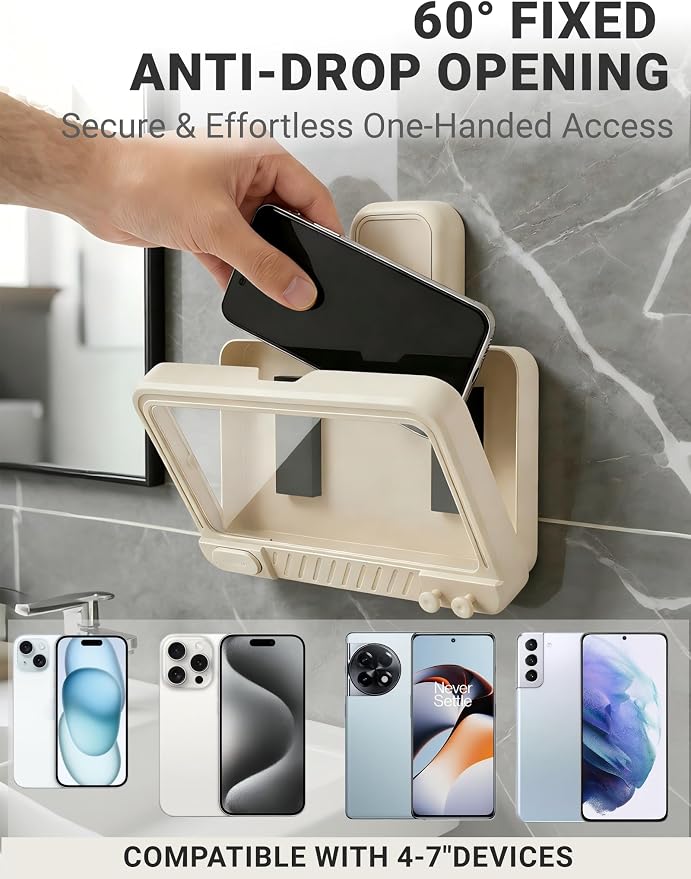 Shower Phone Holder Waterproof 360° Adjustable Rotating, Anti-Fog Touch Screen Wall Mount Phone Stand for Bathroom Mirror Bathtub Kitchen, Fits iPhone 17 16 15 Pro Max for 4-7" Cellphones Beige