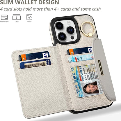 Keallce Wallet Case for iPhone 15 Pro Max 6.7'', Flip Case with Card Slots, Ring Holder Kickstand, PU Leather Protective Folio Cover for Women, Beige