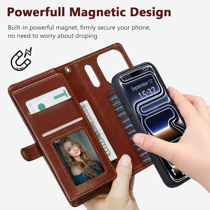 Wallet Case for iPhone 17 Pro with Card Holder/Crossbody Wallet/Strap,[RFID Blocking][Magnetic] PU Leather Phone Case for iPhone 17 Pro,6.3 in,Brown
