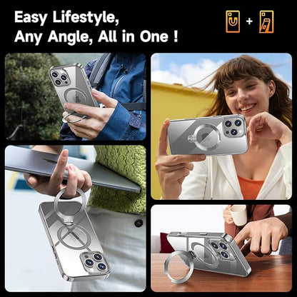 [Tri-Shield Protection] for iPhone 16 Pro Case with 360° Spin Stand Compatible with MagSafe [Magnetic CD Ring][Screen & Camera Lens Protector] Shockproof Plating Never-Yellowing, Natural Titanium-6.3"