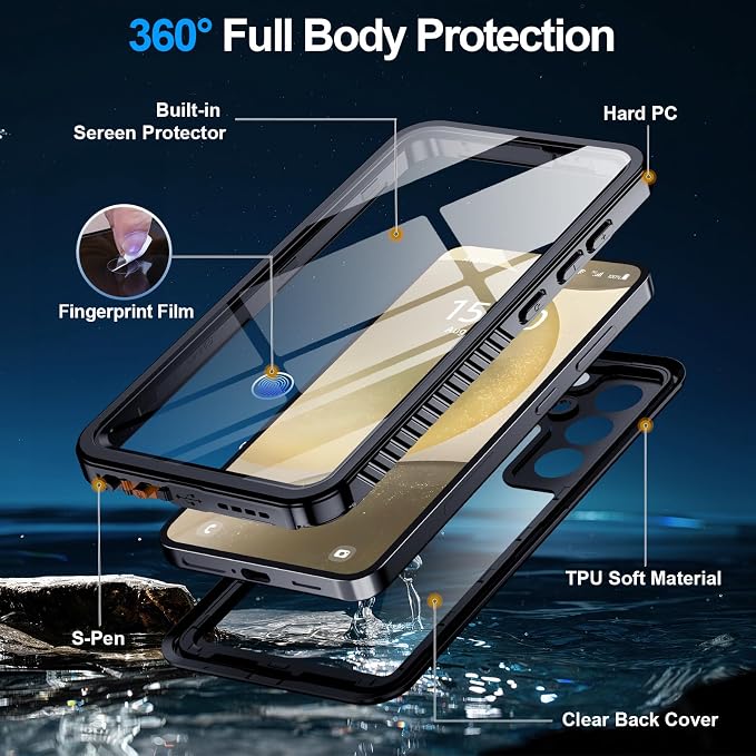 MOZOTER for Samsung Galaxy S24 Plus Case Waterproof,[IPX8 Underwater Case][Full Body Shockproof & Military Dropproof] Clear Sound Quality Built-in Screen Protector for Samsung S24 Plus 6.7 inch-Black