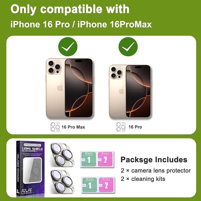 2-Pack Shatterproof Camera Lens Protector for iPhone 16 Pro/16 Pro Max |AR Tempered Glass Strong Adsorption Metal Camera Cover Screen (Titanium Grey)