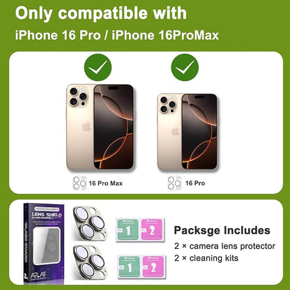 2-Pack Shatterproof Camera Lens Protector for iPhone 16 Pro/16 Pro Max |AR Tempered Glass Strong Adsorption Metal Camera Cover Screen (Titanium Grey)