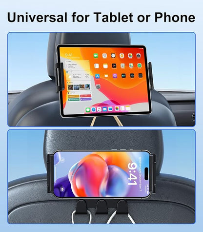 Tesla iPad Tablet Mount Headrest Accessories for Model Y(Juniper) Model 3(Highland) 2025 2024 2023 2022 2021, Back Seat Tablet Holder with Hooks for Kids, Fits 4.7-12.9" iPad Pro Air Mini