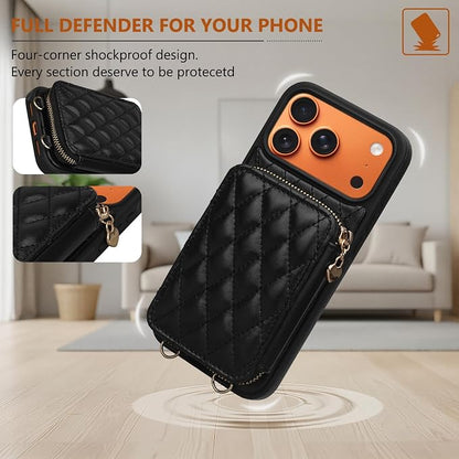 Keallce Case for iPhone 17 Pro Max 6.9'' Wallet Case, Crossbody Zipper Purse with RFID Blocking Card Slots Kickstand, Lanyard & Handstrap Flip Leather Cover for iPhone 17 Pro Max, Black
