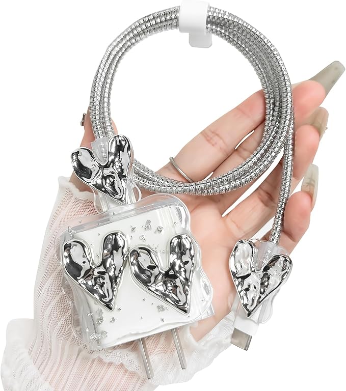 Lovmooful Compatible for iPhone 18W/20W USB-C Charger Cover Clear Lovely 3D Love Heart Waves Design Soft Charger Protector Cute Cable Case Saver Protector for Girls Women-Silver Heart