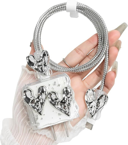 Lovmooful Compatible for iPhone 18W/20W USB-C Charger Cover Clear Lovely 3D Love Heart Waves Design Soft Charger Protector Cute Cable Case Saver Protector for Girls Women-Silver Heart