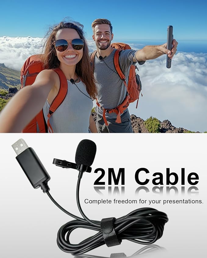 USB Type-A Microphone Lavalier Lapel Clip on Mic with 6.7ft Cable for Laptop Computer PC, Streaming Conferencing,Interview, Singing, Skype, MSN, Audio Video Recording,Clear & Natural Sound,Black