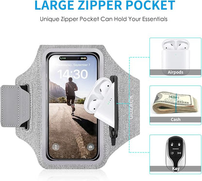 GUZACK Running Armband Case for iPhone 17/16/15/14/13 Pro Max, Galaxy S25/S24/S23/S22, Universal Cell Phone Arm Holder with Key Pocket & Card Slot, Gray