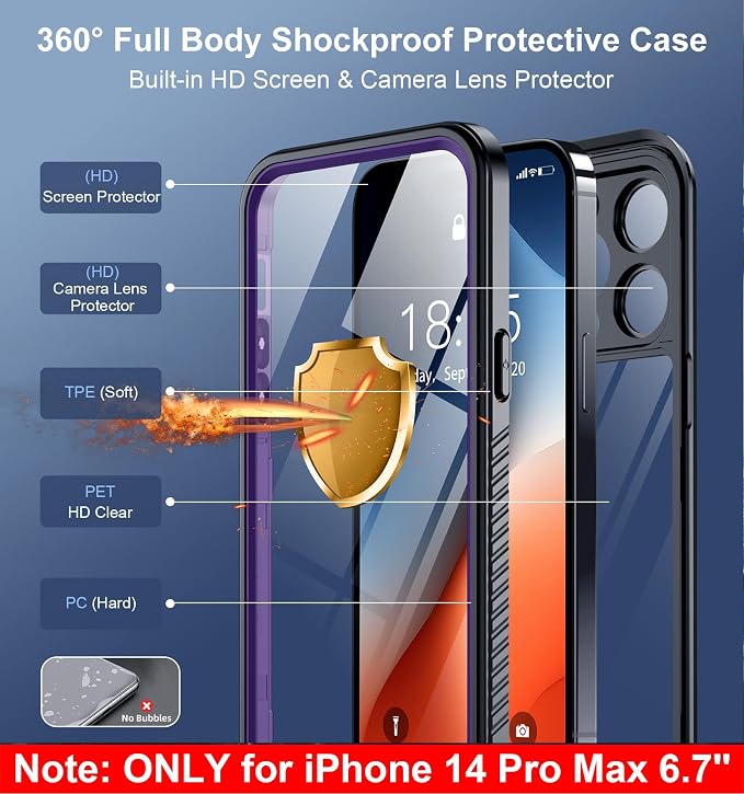 SPIDERCASE Only Designed for iPhone 14 Pro Max Case Waterproof [12FT Military Dropproof] [Built-in Screen Protector] [IP68 Underwater] Full Body Shockproof Protective Phone Case 6.7'' 2022, Purple