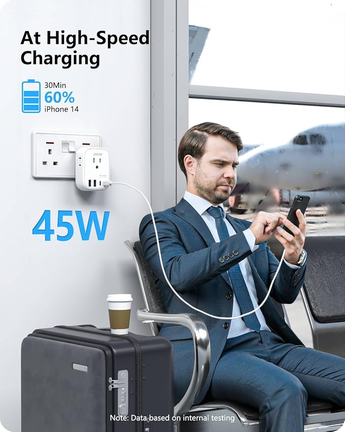 LENCENT US to UK Ireland Travel Plug Adapter, PD45W Grounded Type G Adapter | Travel Adapter with 4 Outlets 4 USB Ports(2 USB C), Power Plug for US to Dubai Scotland British London England Singapore