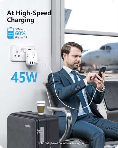 LENCENT US to UK Ireland Travel Plug Adapter, PD45W Grounded Type G Adapter | Travel Adapter with 4 Outlets 4 USB Ports(2 USB C), Power Plug for US to Dubai Scotland British London England Singapore