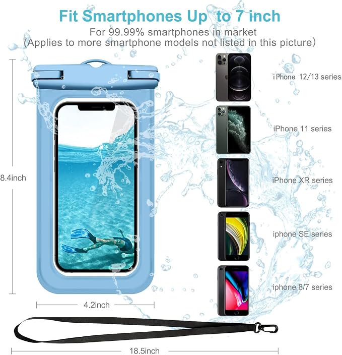 Janmitta Universal Waterproof Pouch[2 Pack],Underwater Dry Bag for iPhone 15/14/13/12,14/13/12 Pro Max,iPhone 12/13 Mini and Other Phones Up to 7.0",IPX8 Waterproof Case with Lanyard,Blue+Green