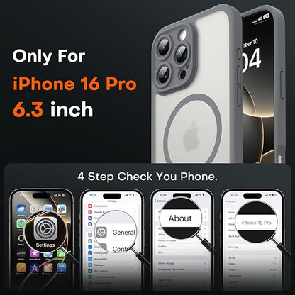 TOCOL for Phone 16 Pro Case, Compatible with Magsafe Charger, Full Camera Protection, Drop Protection, Translucent Matte Phone Case for iPhone 16 Pro 6.3 inch (Gray)