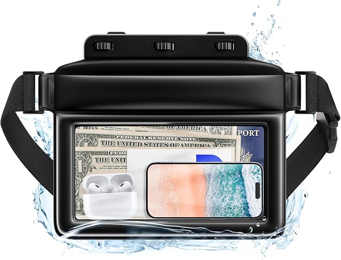 JOTO Large Floating Waterproof Phone Pouch with Adjustable Waist Strap, Water Proof Fanny Pack Dry Bag Wallet for Cellphone Passport Watch and Valuables, Beach Essential for Swimming Snorkeling -Black