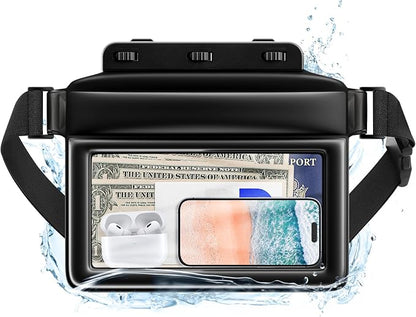 JOTO Large Floating Waterproof Phone Pouch with Adjustable Waist Strap, Water Proof Fanny Pack Dry Bag Wallet for Cellphone Passport Watch and Valuables, Beach Essential for Swimming Snorkeling -Black