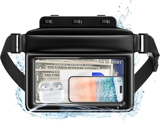 JOTO Large Floating Waterproof Phone Pouch with Adjustable Waist Strap, Water Proof Fanny Pack Dry Bag Wallet for Cellphone Passport Watch and Valuables, Beach Essential for Swimming Snorkeling -Black