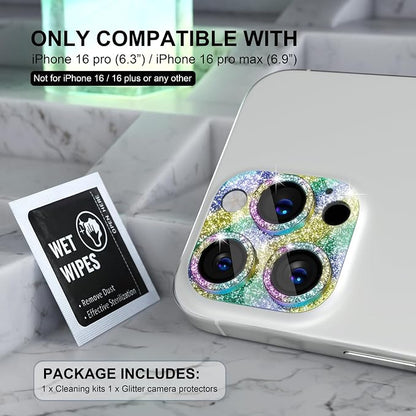 Choiche Compatible for iPhone 16 Pro/iPhone 16 Pro Max Camera Lens Protector, Bling Camera Cover with 9H Tempered Glass Lens Screen Protector Metal Ring Decoration Accessories (Glitter-Colorful)