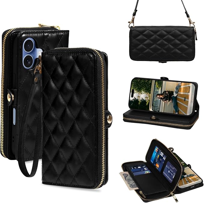 Rssviss Crossbody Case for iPhone 17 Case Wallet, RFID Blocking Leather with Card Holder Kickstand, Handbag Zipper Flip Cover with Wrist Strap for iPhone 17 Men Women 6.3", Black