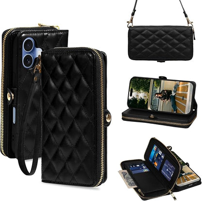 Rssviss Crossbody Case for iPhone 17 Case Wallet, RFID Blocking Leather with Card Holder Kickstand, Handbag Zipper Flip Cover with Wrist Strap for iPhone 17 Men Women 6.3", Black
