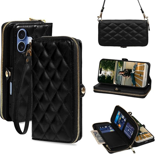 Rssviss Crossbody Case for iPhone 17 Case Wallet, RFID Blocking Leather with Card Holder Kickstand, Handbag Zipper Flip Cover with Wrist Strap for iPhone 17 Men Women 6.3", Black