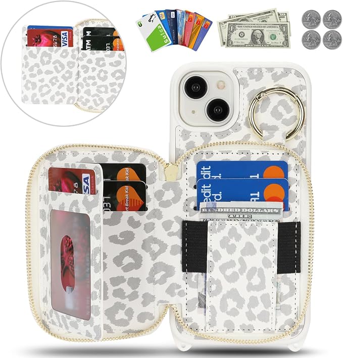 Crossbody Wallet Case for iPhone 14 Plus, PU Leather Zipper Handbag Purse Flip Cover, Kickstand Folio Case with Card Slots Holder Wrist Strap Lanyard 5G 6.7 Inch-White Leopard
