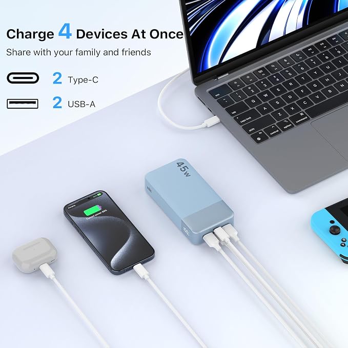 NOBIS Portable Charger 45W 20000mAh Power Bank Fast Charging | 2C+2A Battery Pack with C to C Cable, Battery Bank with Digital Display for iPhone Android Laptop etc