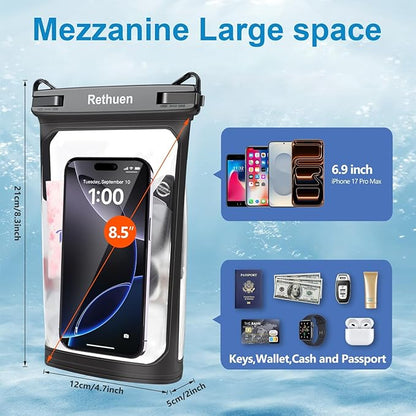 Large Waterproof Phone Pouch, 2Pack Floating Waterproof Bag for iPhone 17 16 15 Pro Max Galaxy S26 S25 S24 Ultra All Phones, Cell Phone Dry Bag for Beach Swimming Rafting Boating (Black + Black)