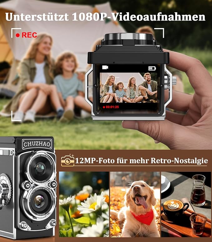 CHUZHAO Digital Camera Retro, Portable TLR Style Twin-Lens Vintage Camera, 12MP Autofocus 1080P FHD Point and Shoot Pocket Vlogging Retro Digital Cameras with16 GB Card for Beginners Teens Boys Girls