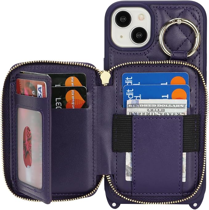 Crossbody Wallet Case for iPhone 14 Plus, PU Leather Zipper Handbag Purse Flip Cover, Kickstand Folio Case with Card Slots Holder Wrist Strap Lanyard 5G 6.7 Inch-Purple