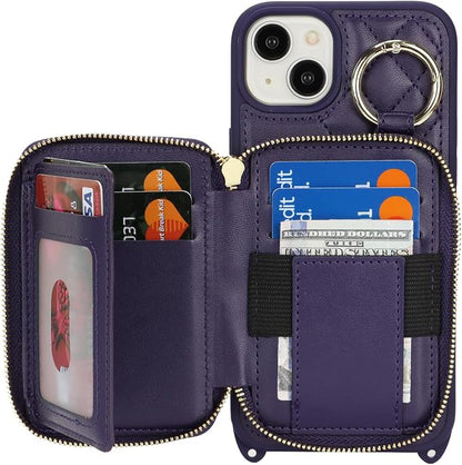 Crossbody Wallet Case for iPhone 14 Plus, PU Leather Zipper Handbag Purse Flip Cover, Kickstand Folio Case with Card Slots Holder Wrist Strap Lanyard 5G 6.7 Inch-Purple