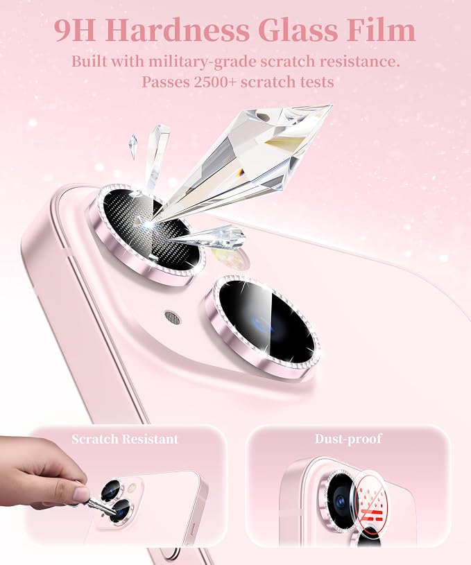 GolbinBox Camera Lens Protector for iPhone 13/13 Mini, 1:1 Invisible Fit, 9H Tempered Glass Ultra HD Metal Individual Camera Cover for Women, Case Friendly, Bling/Pink