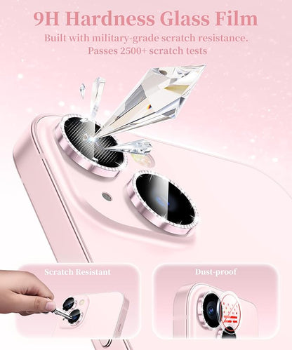 GolbinBox Camera Lens Protector for iPhone 13/13 Mini, 1:1 Invisible Fit, 9H Tempered Glass Ultra HD Metal Individual Camera Cover for Women, Case Friendly, Bling/Pink