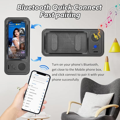 Shower Phone Holder with Wireless Bluetooth Speaker,2026 New Waterproof 480 Rotation Viewable Shower Phone Case Speaker for Any Phone, Wall Mounted Phoneholder Stand for Bathroom Mirror (Black)