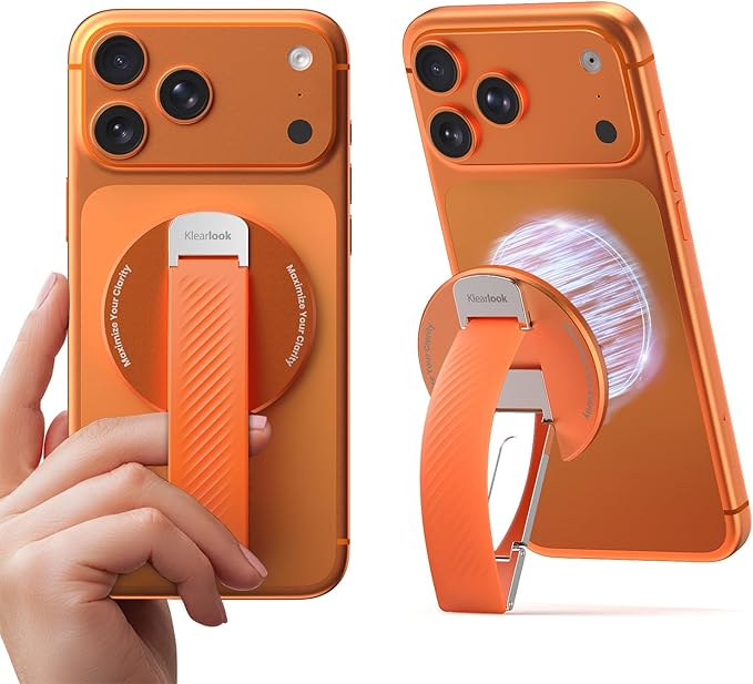 2026 Klearlook for MagSafe Phone Grip with Silicone Finger Strap, Removable Magnetic Phone Ring Holder with Adjustable Kickstand, Finger Phone Ring Grip for iPhone 17/16/15/14/13/12 Series, Orange