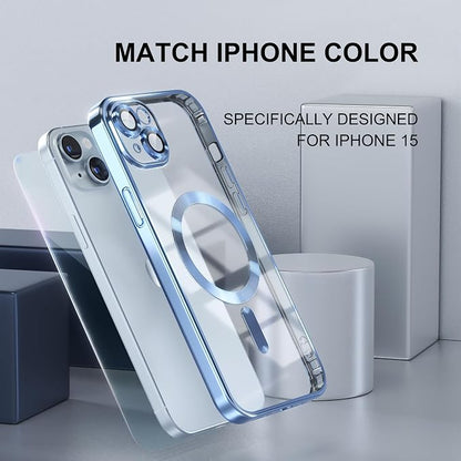 Misea Magnetic for iPhone 15 Case Compatible with MagSafe [Never Yellowing] [Military Grade Drop Protection] Full Camera Lens Protector Plating Soft Clear Phone Case for Women,Sierra Blue