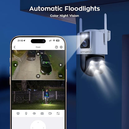 xmartO WiFi6 Dual-Lens Security Camera, 4MP QHD 2-in-1 Home Camera with 180° Static FOV & 360°PTZ AI Tracking, 5G/2.4G Dual Band, Bluetooth Easy Setup, (Works Only w WiFi6 NVR, Also Works Standalone)
