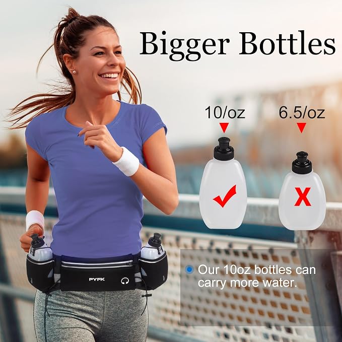 PYFK Running Belt with Water Bottles, Hydration Belt for Men and Women, Water Bottle Holder Running Pouch Water Belt, Fanny Pack Fits 7 inches Phones, Waist pack for Runner Jogging