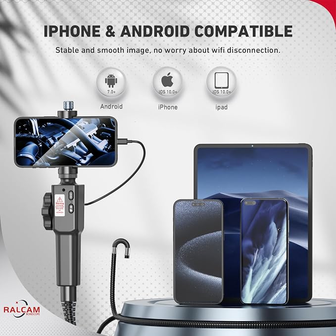Two-Way Articulating Borescope for Smartphone&iPhone, Ralcam 8.5mm/0.33inch Endoscope Camera with Light, HD 1080P Inspection Camera Automotive Tool