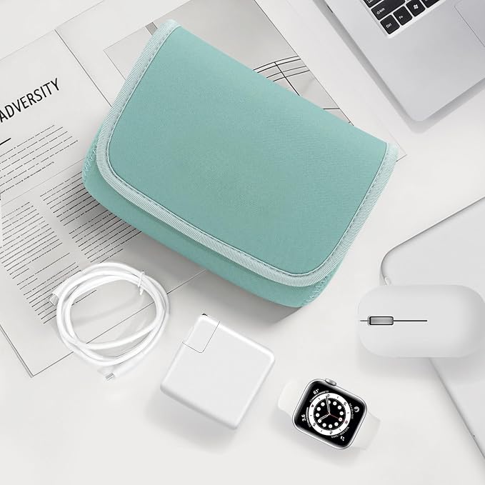 LENTION Mint Green Neoprene Electronic Organizer Pouch with Hook-and-Loop | Compact Tech Storage Fits Laptop Adapter, Mice, Charger, Power Bank & Cable to Keep Daily Travel Accessories Neatly Sorted